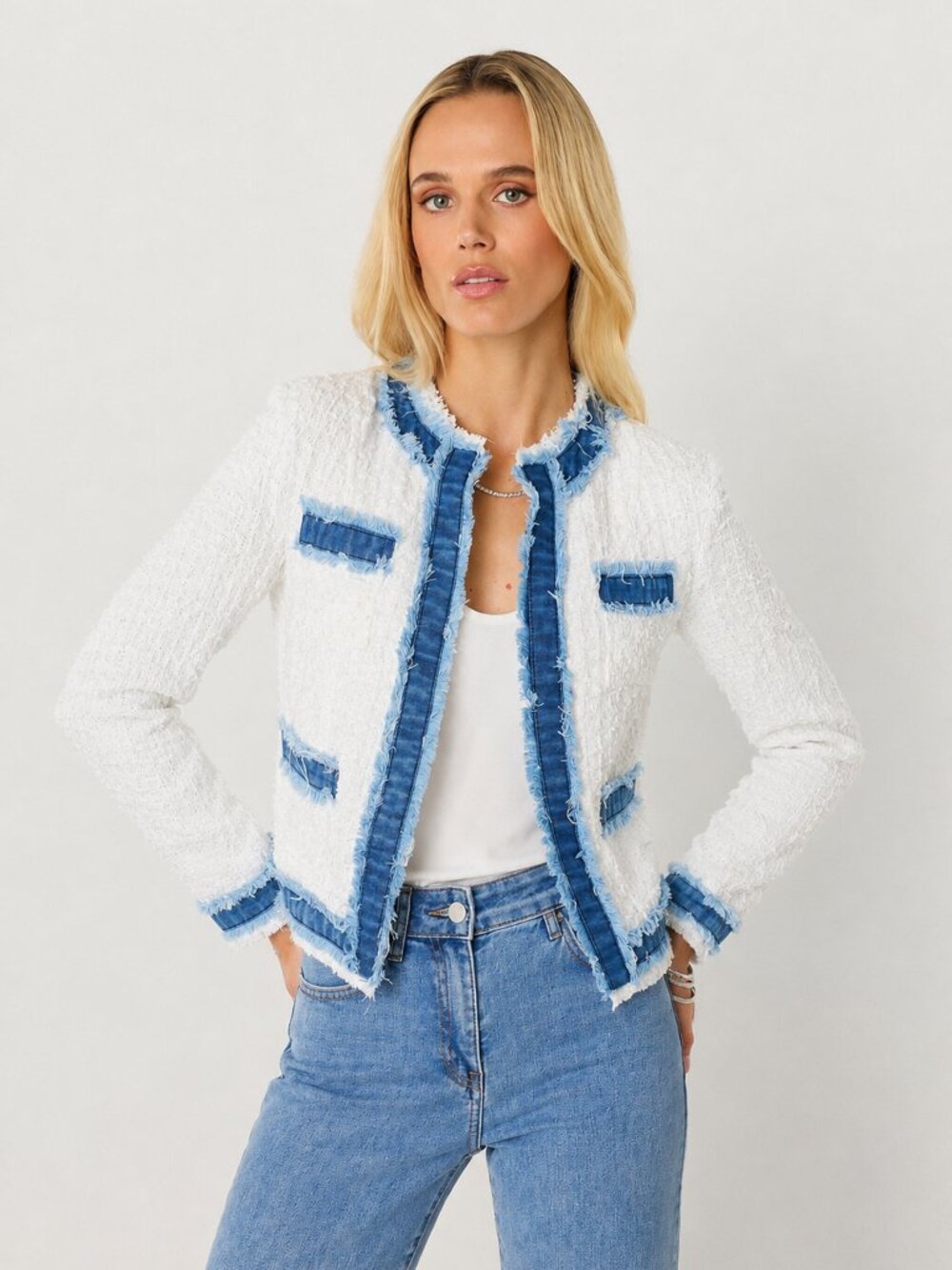 THE NOLI SHOP Julia Tweed Jacket Denim/White